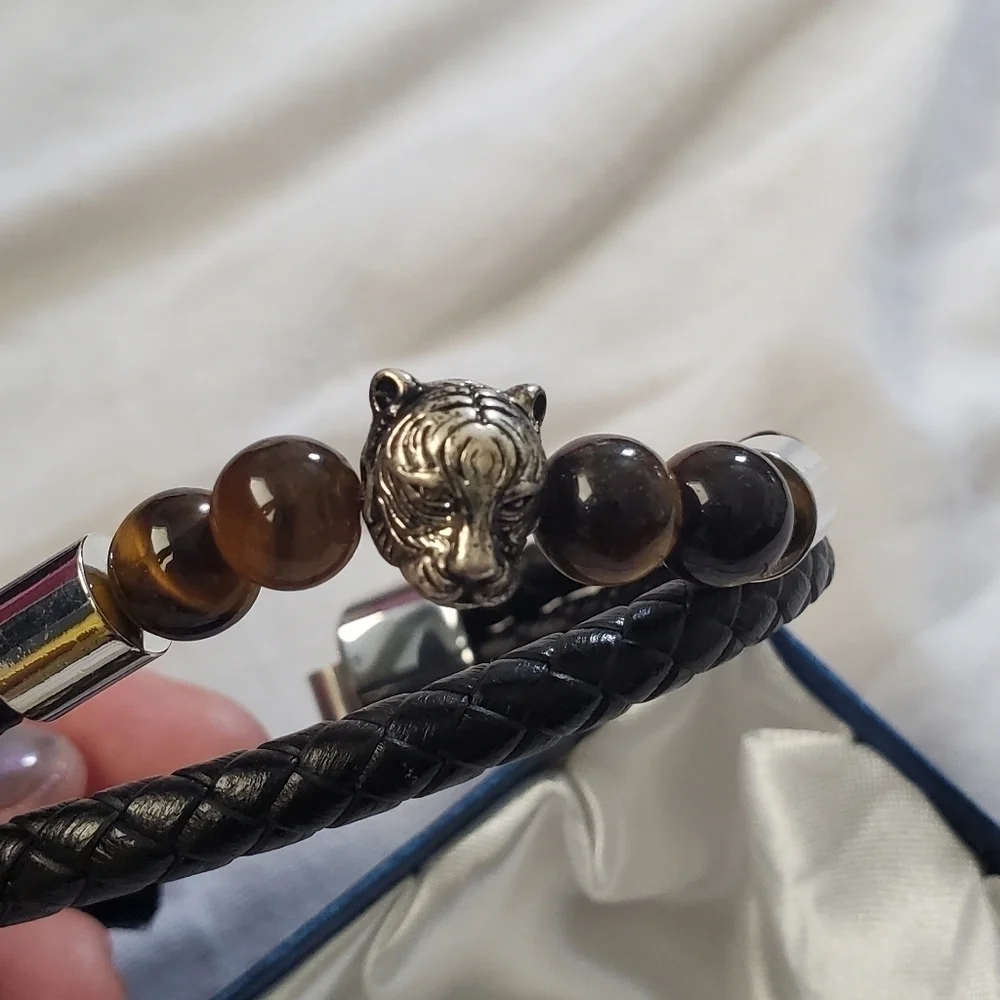 Genuine Leather Tiger's Eye Stainless Steel Panther Bracelet